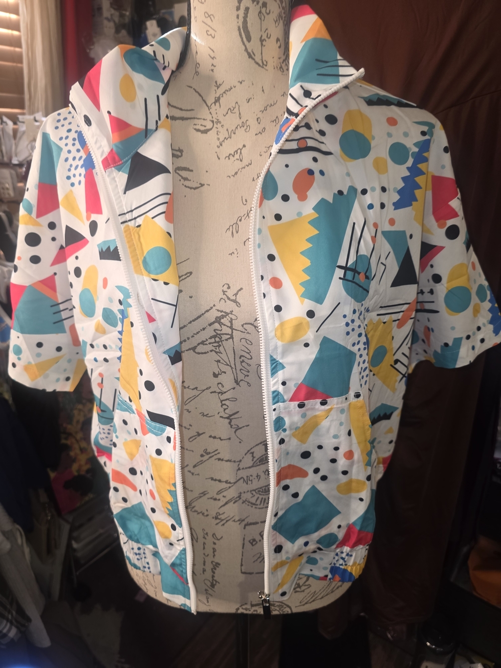 Colorful Geometric Print Lightweight Jacket - White/Teal/Yellow/Pink